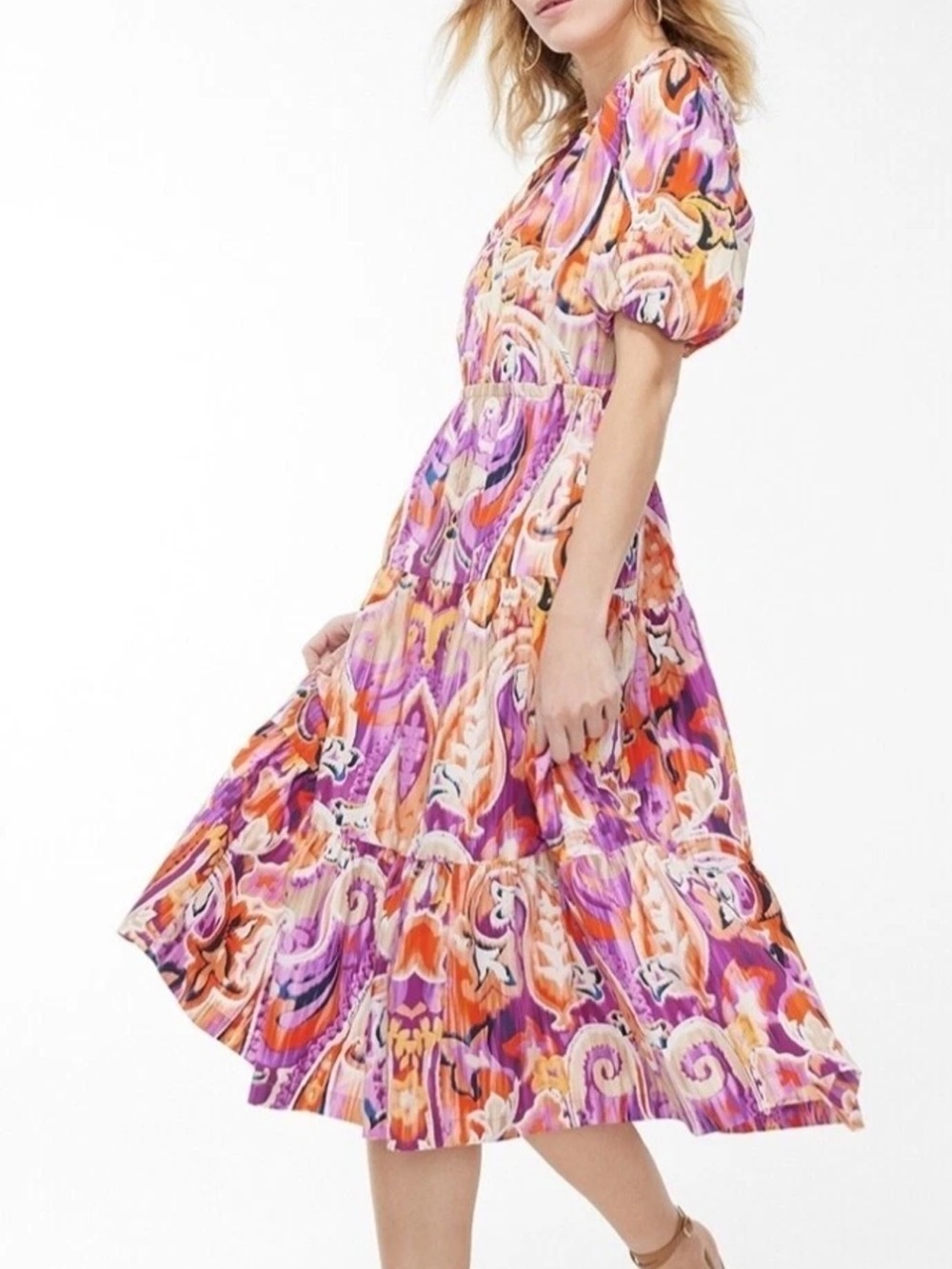 Chico's Purple & Orange Printed Puff-Sleeve Midi Dress